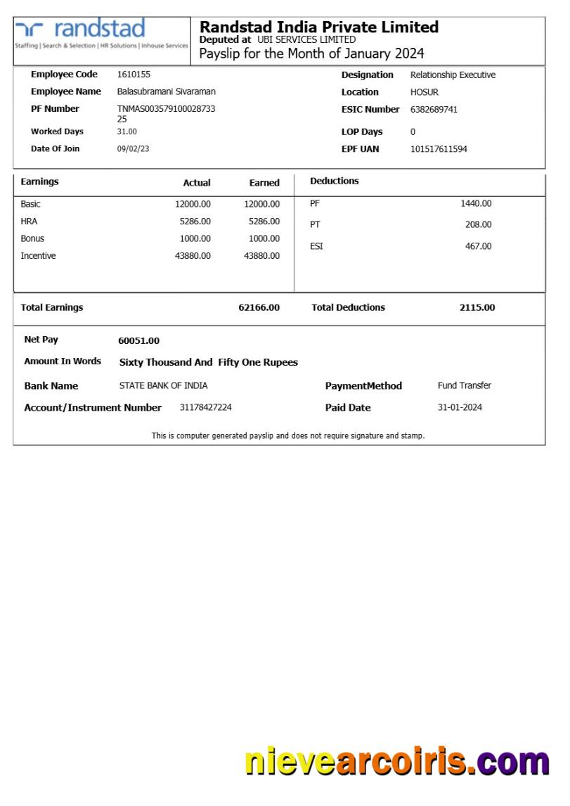 Randstad India payslip
